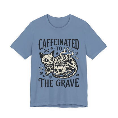 VOID - Caffeinated to the Grave Tee — Gothic Skull & Cat Coffee Shirt