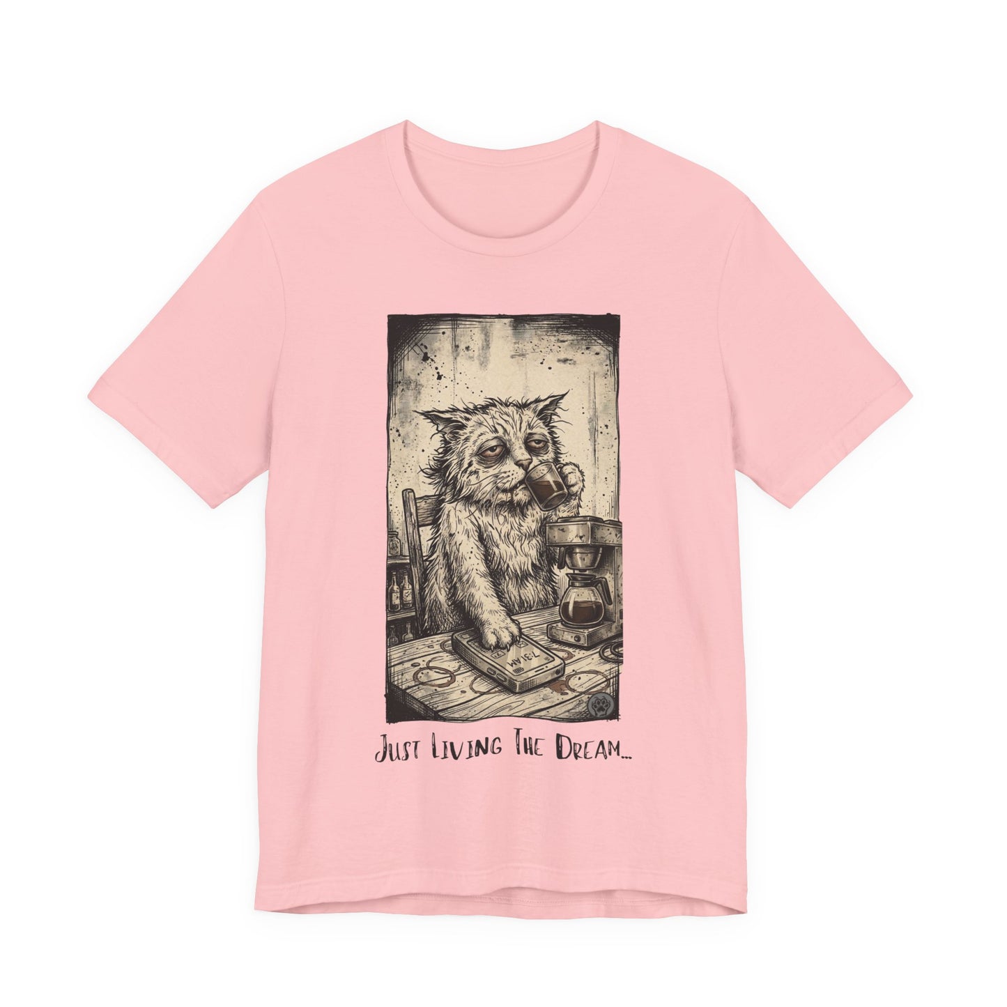 Scraps - Tired Cat Illustration Tee — "Just Living the Dream" Vintage Coffee Cat T-Shirt