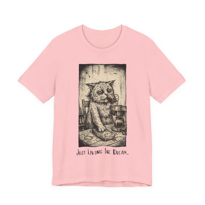 Scraps - Tired Cat Illustration Tee — "Just Living the Dream" Vintage Coffee Cat T-Shirt