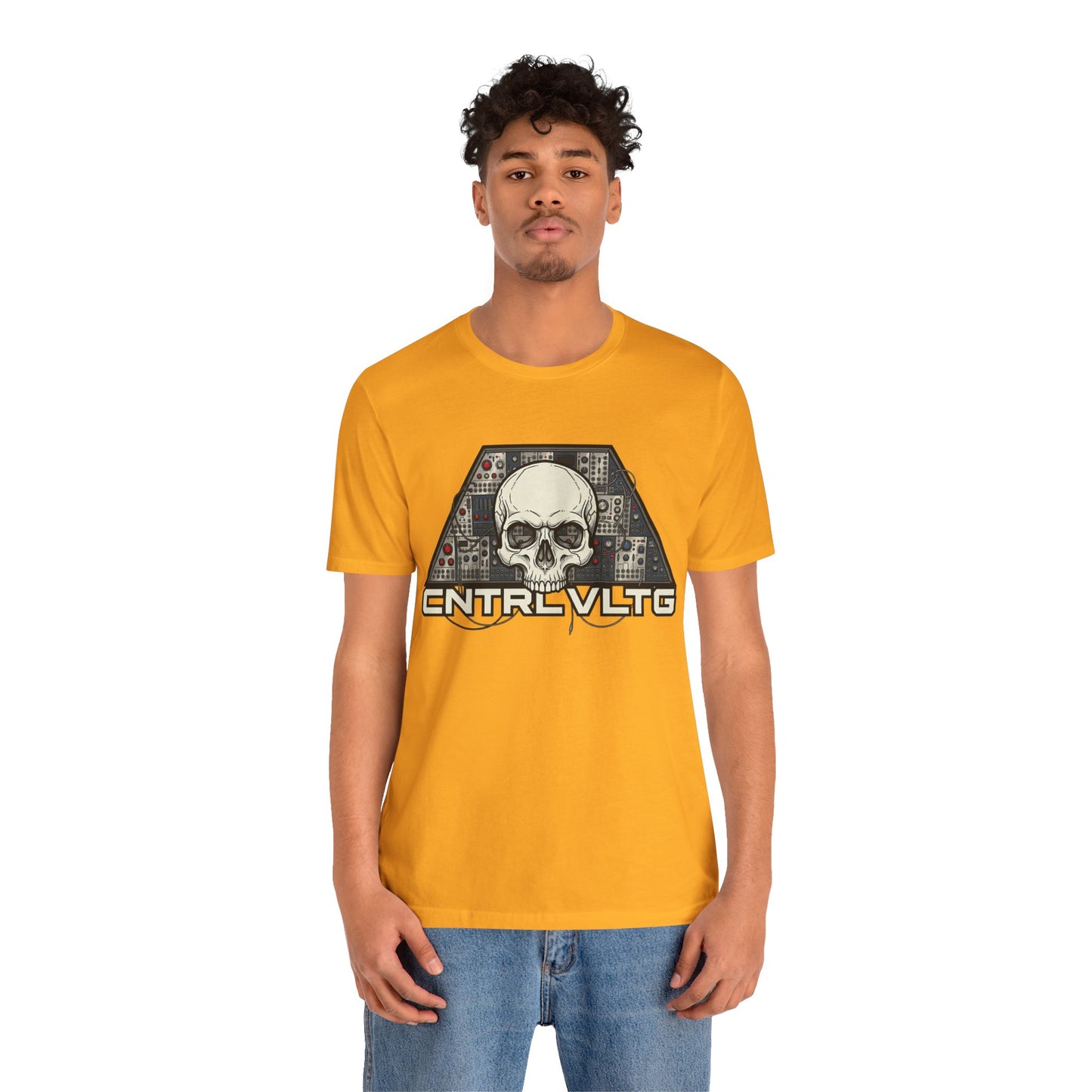 CV Control Voltage - TriBase White - Skull Modular Analog Synth Console Tee — “CNTRL VLTG” Retro Electronic Music T-Shirt