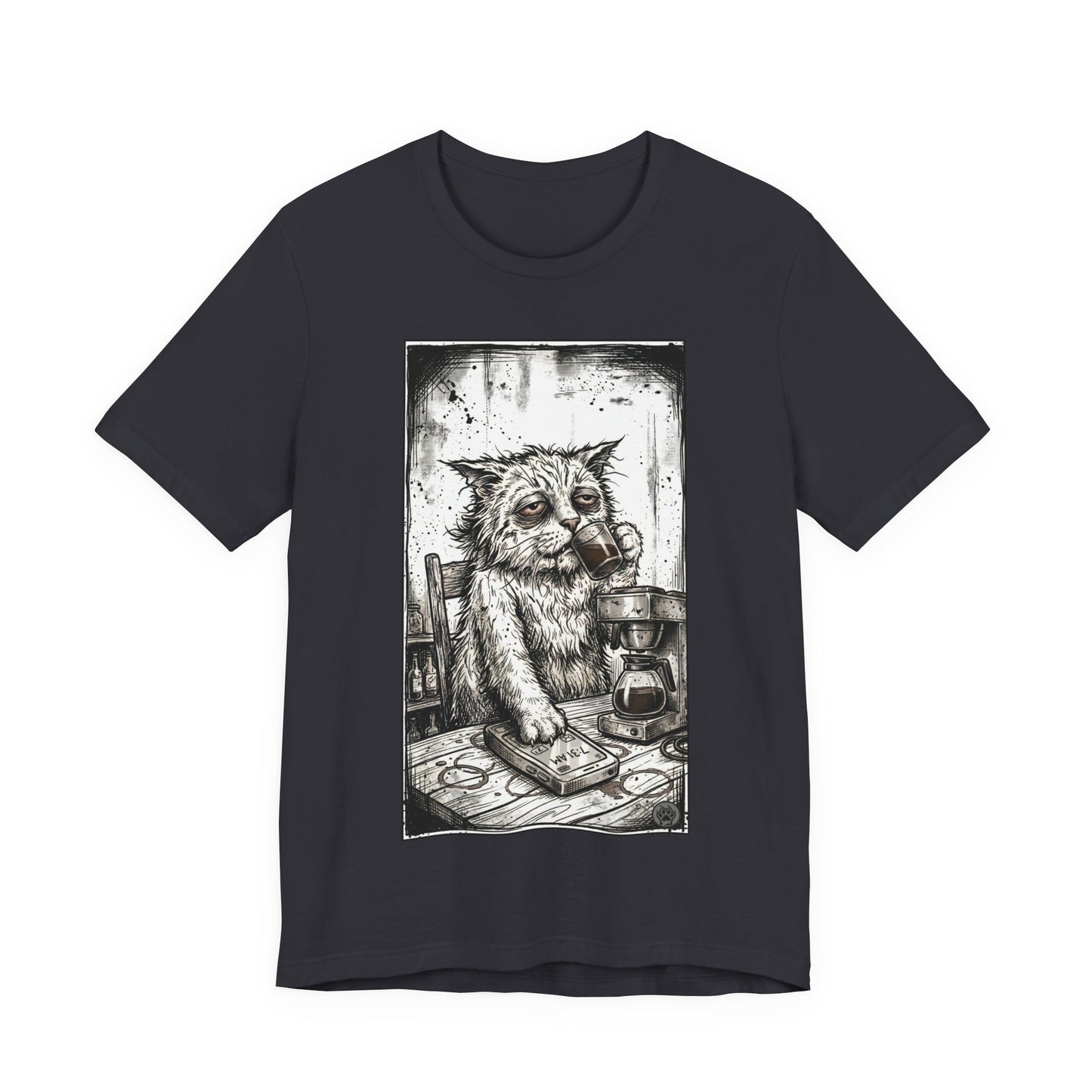 Scraps "GFM" - Cat Drinking Coffee T-Shirt — Tired Depressed Cat Graphic Tee
