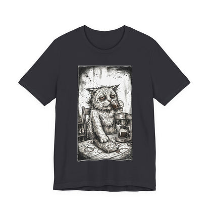Scraps "GFM" - Cat Drinking Coffee T-Shirt — Tired Depressed Cat Graphic Tee