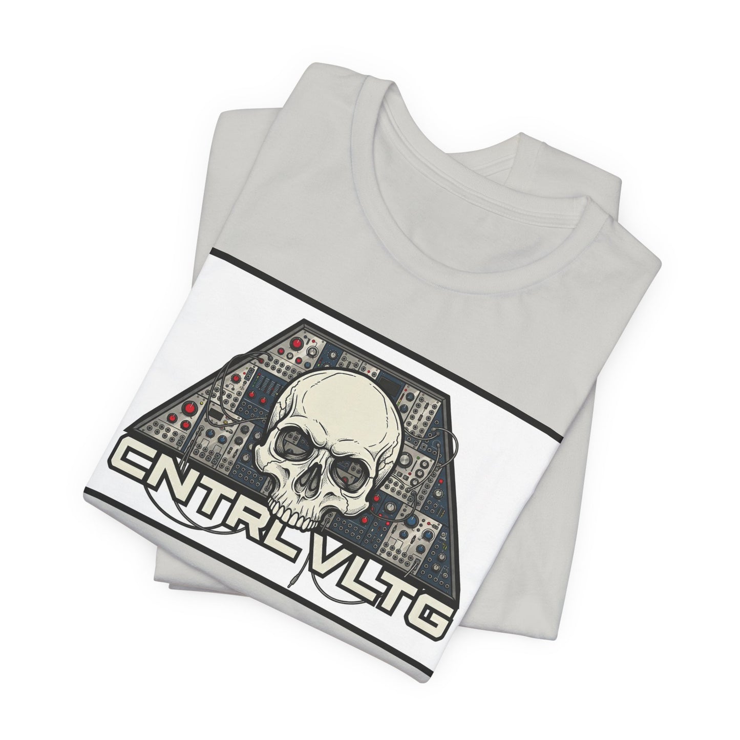 CV Control Voltage = TriBase White - Modular Synth Skull Analog Circuit Tee — “CNTRL VLTG” Retro Tech Graphic T-Shirt