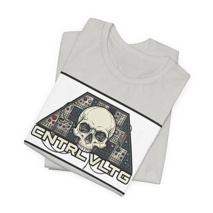 CV Control Voltage = TriBase White - Modular Synth Skull Analog Circuit Tee — “CNTRL VLTG” Retro Tech Graphic T-Shirt