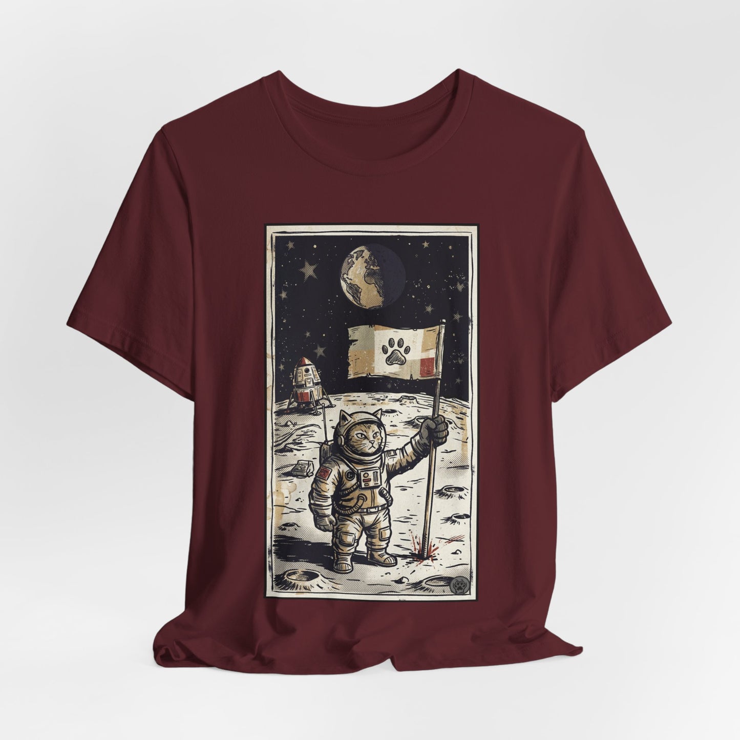 SpaceCat - Conquers The Moon! - Astronaut Cat Moon T-Shirt — Vintage Styled Space Kitty Flag Tee