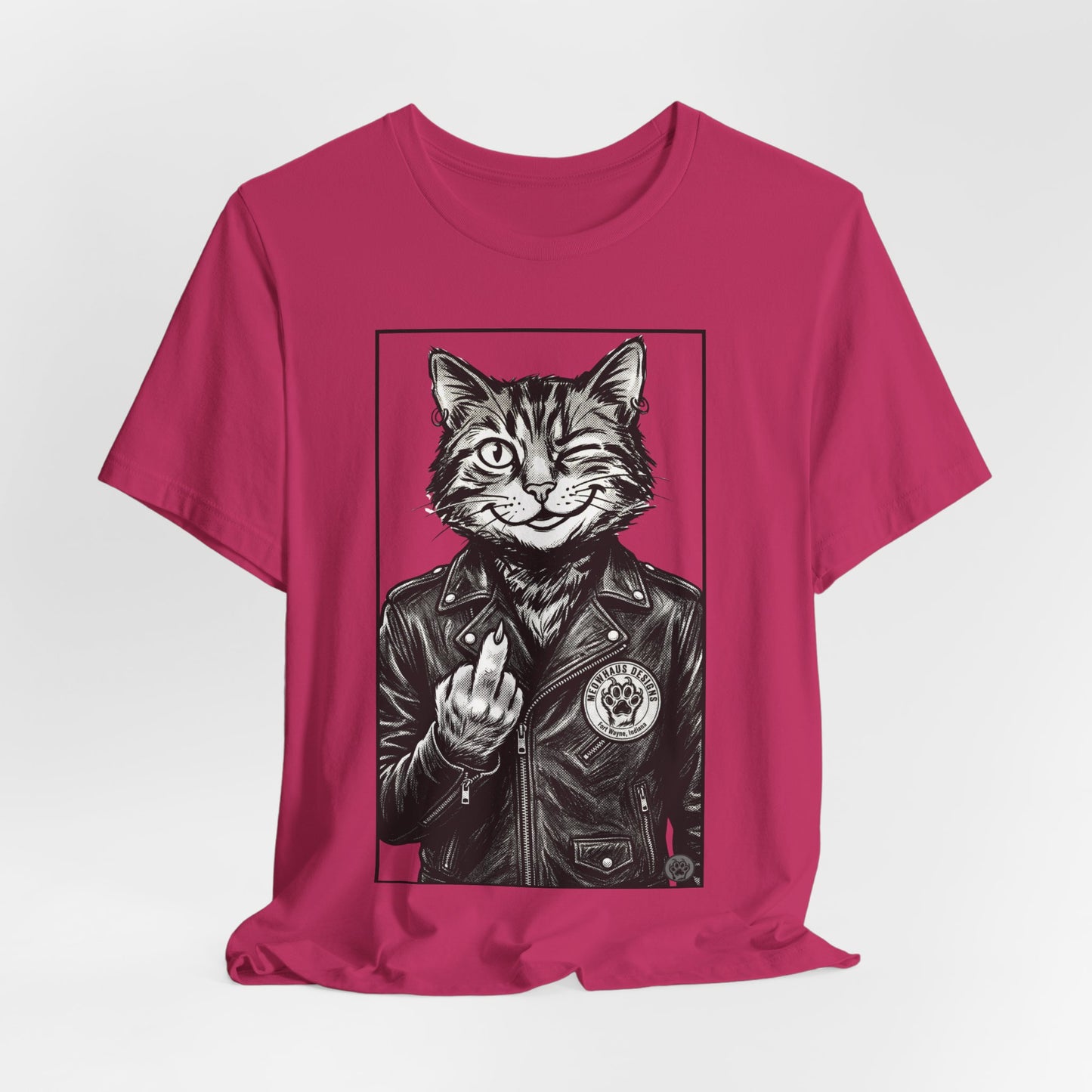 WinkyCat - Leather Jacket & Snarky Gesture - Cat Biker Tee — Grinning Cat in Leather Jacket Graphic T-Shirt