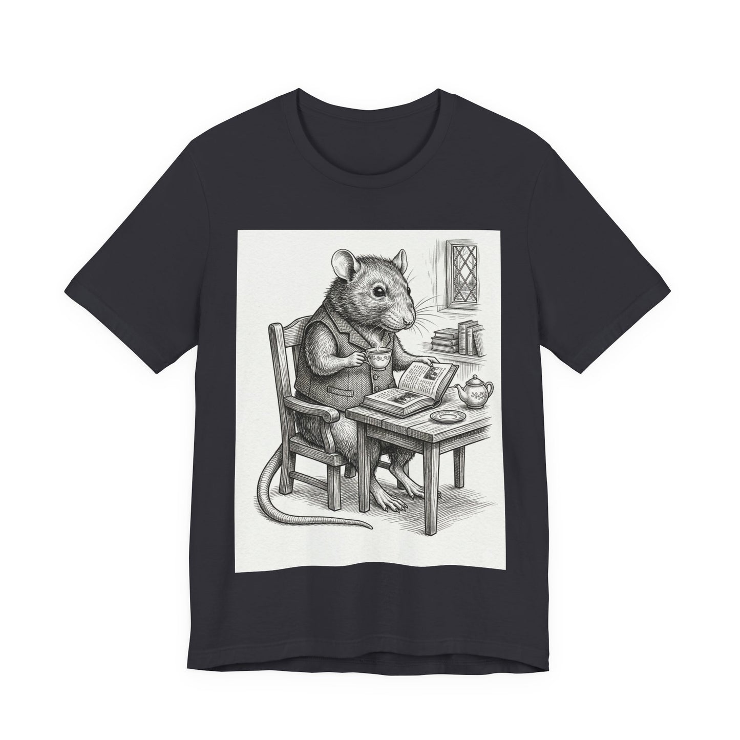 Ratney - "Cup of Tea & A Good Book" - Rodent Scholar T‑Shirt — Vintage Style Illustration of a Reading Rat with Tea