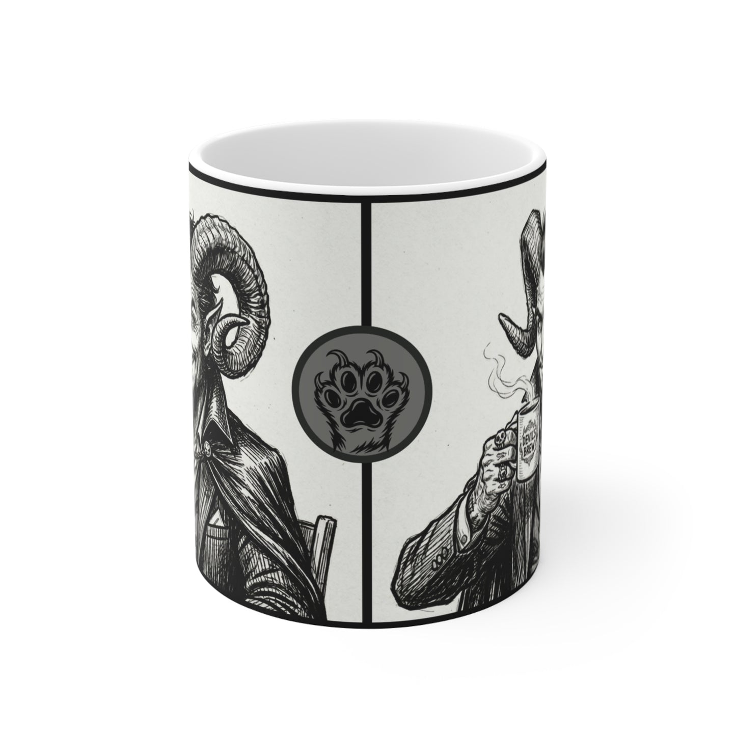 BLZB - "Devil's Brew" Coffee - 11oz Mug Ambi Handle — Religious Humor Vintage Devil Character Holding Coffee Mug (Gothic Occult Art)