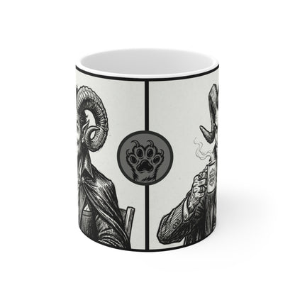 BLZB - "Devil's Brew" Coffee - 11oz Mug Ambi Handle — Religious Humor Vintage Devil Character Holding Coffee Mug (Gothic Occult Art)