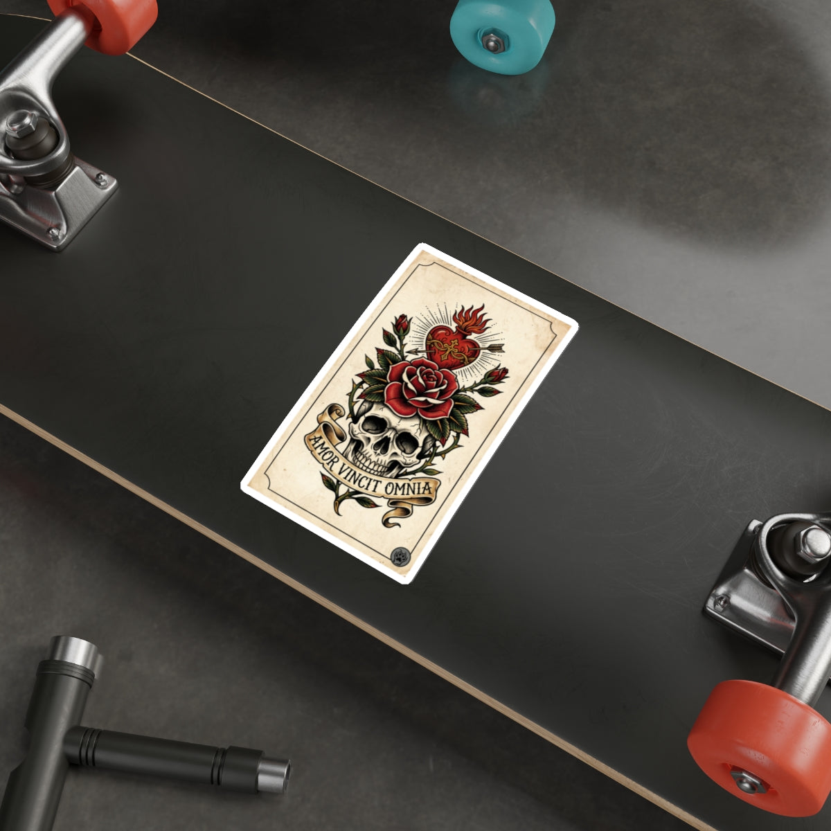 AVO-1 Sticker — Vintage 'Amor Vincit Omnia' Skull & Rose Die-Cut Tattoo Sticker