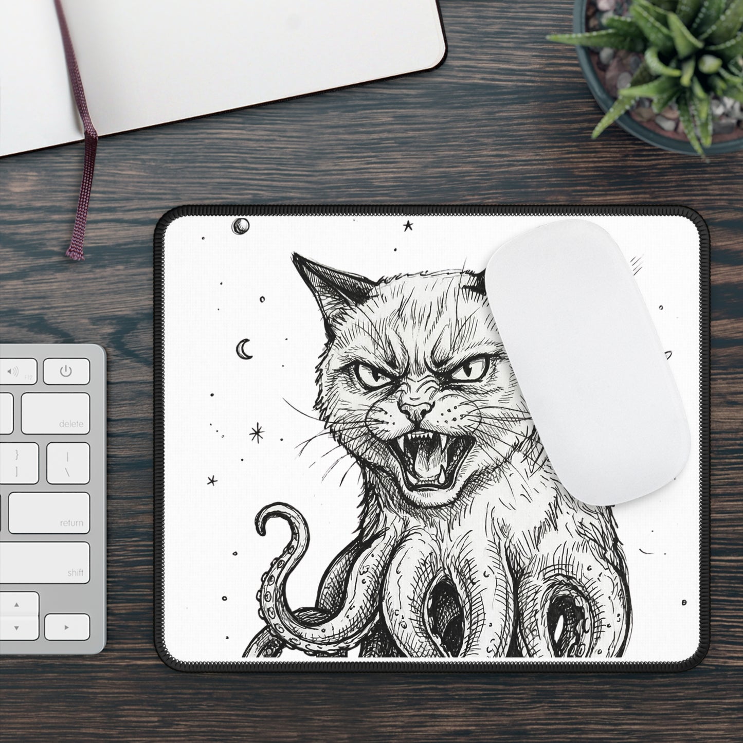 AlienCat In Space - Gaming Mouse Pad — Black & White Angry Cat with Tentacles