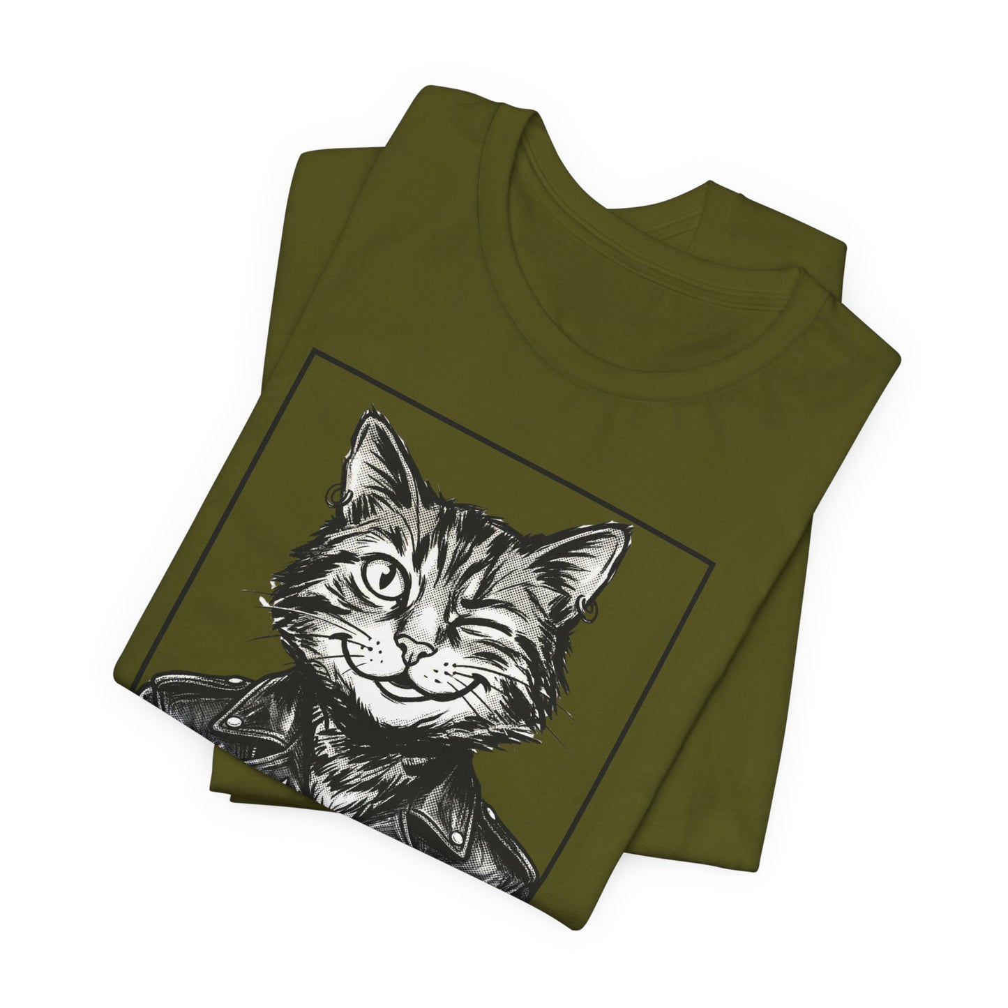 WinkyCat - Leather Jacket & Snarky Gesture - Cat Biker Tee — Grinning Cat in Leather Jacket Graphic T-Shirt