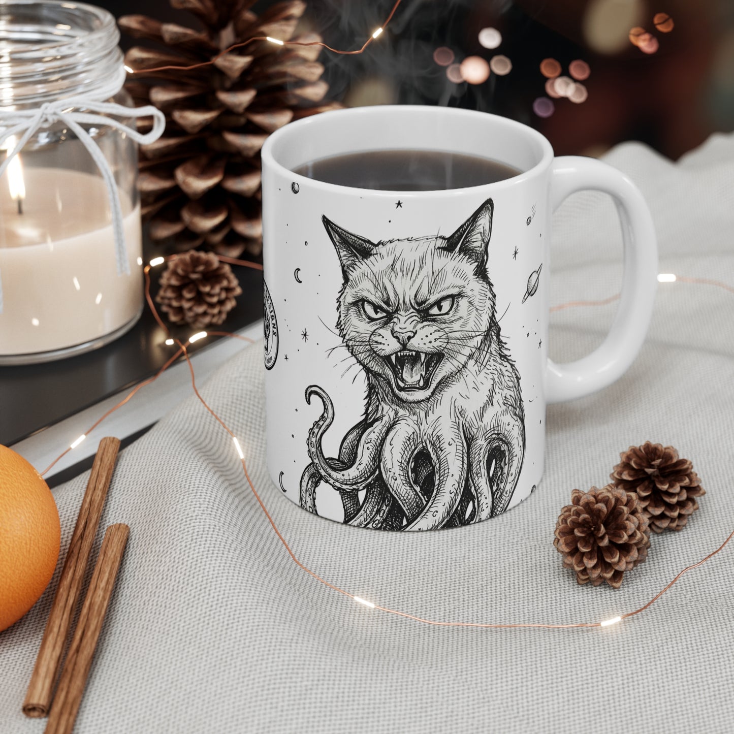 AlienCat In Space! - 11oz Mug Ambi Handle — Octocat Cat Tentacle Coffee Cup (Black & White Gothic Cat Art)