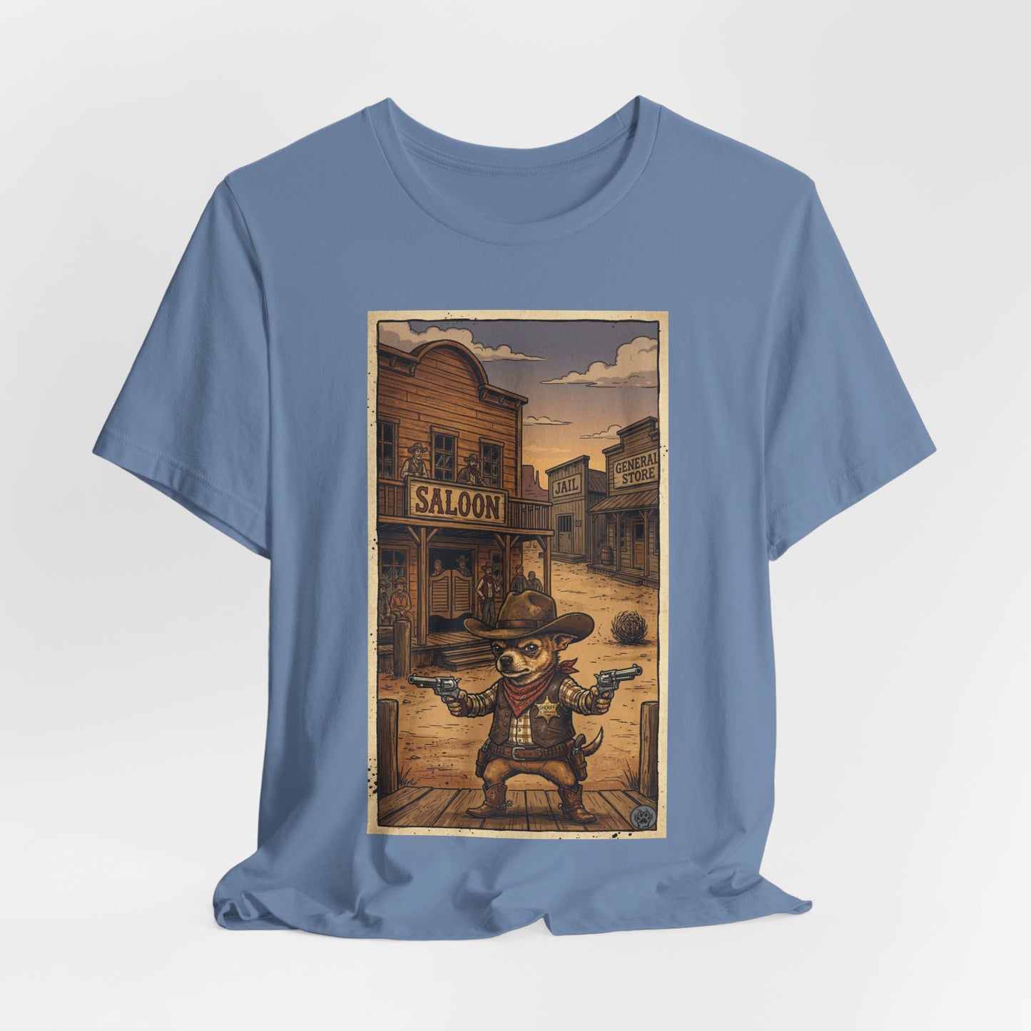 SheriffPaco - Vertical - Chihuahua Sheriff Western Saloon Showdown T-Shirt — Vintage Cowboy Sheriff Puppy Dog Graphic Tee