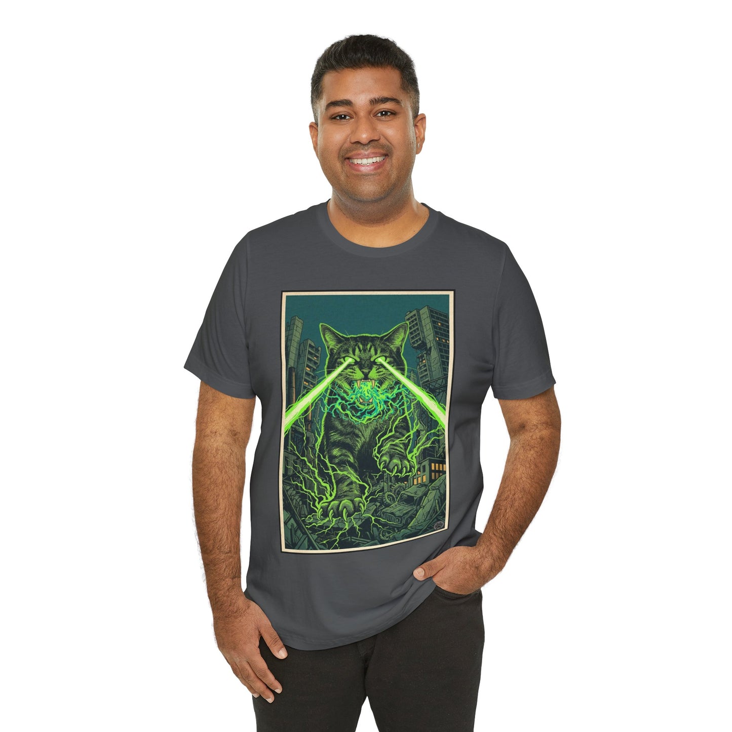 City Cat Attacks! - Green Laser-Eyed Monster Cat T-Shirt — Neon Godzilla-Style Graphic Tee