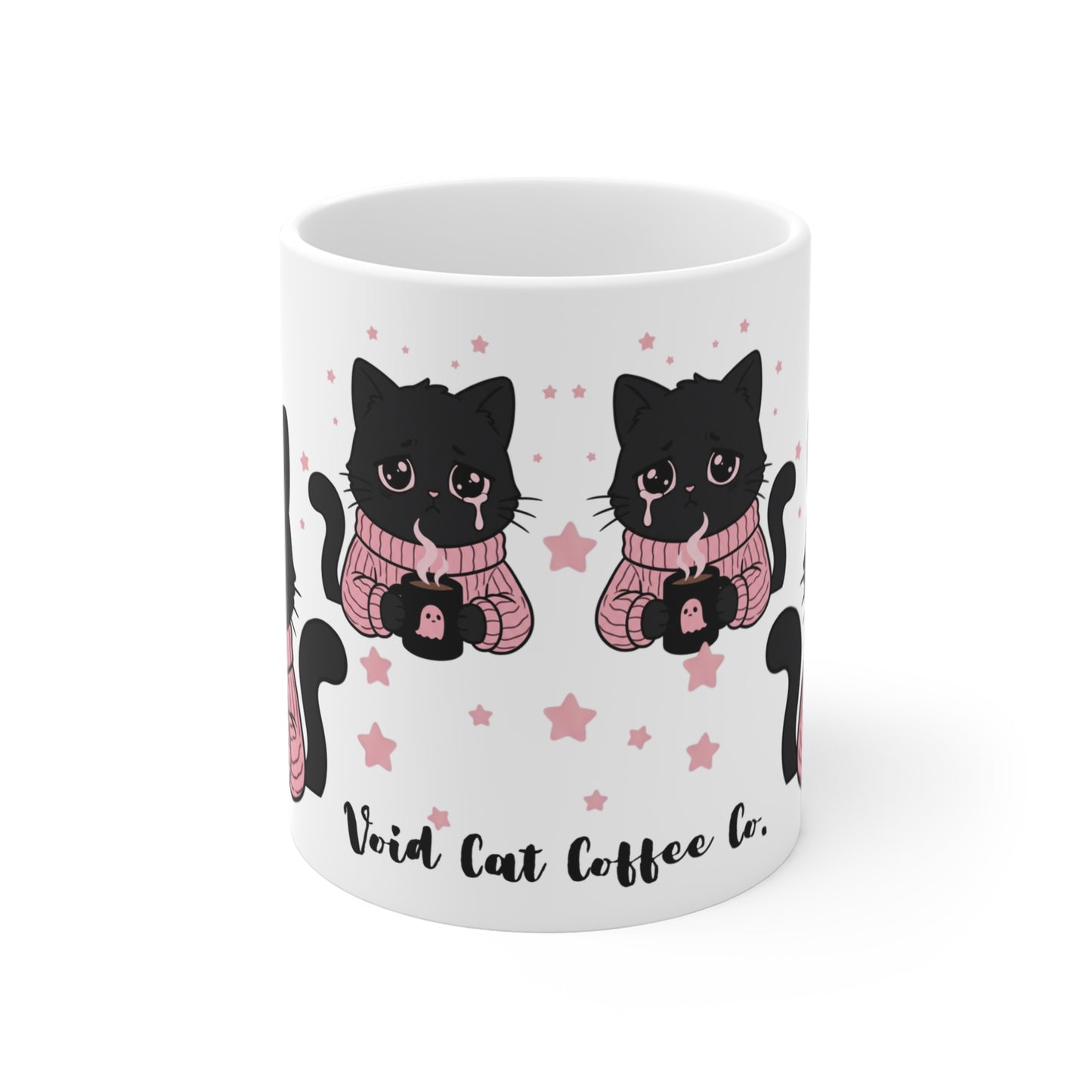 VOID - Void Cat Coffee Co. 11oz Mug — Cute Sad Black Cat in Pink Sweater, Coffee Lover Gift