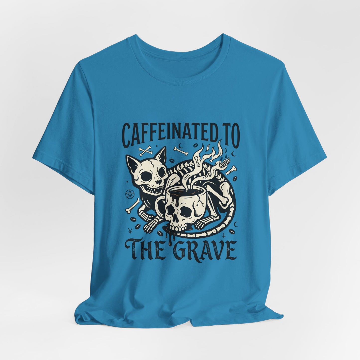 VOID - Caffeinated to the Grave Tee — Gothic Skull & Cat Coffee Shirt