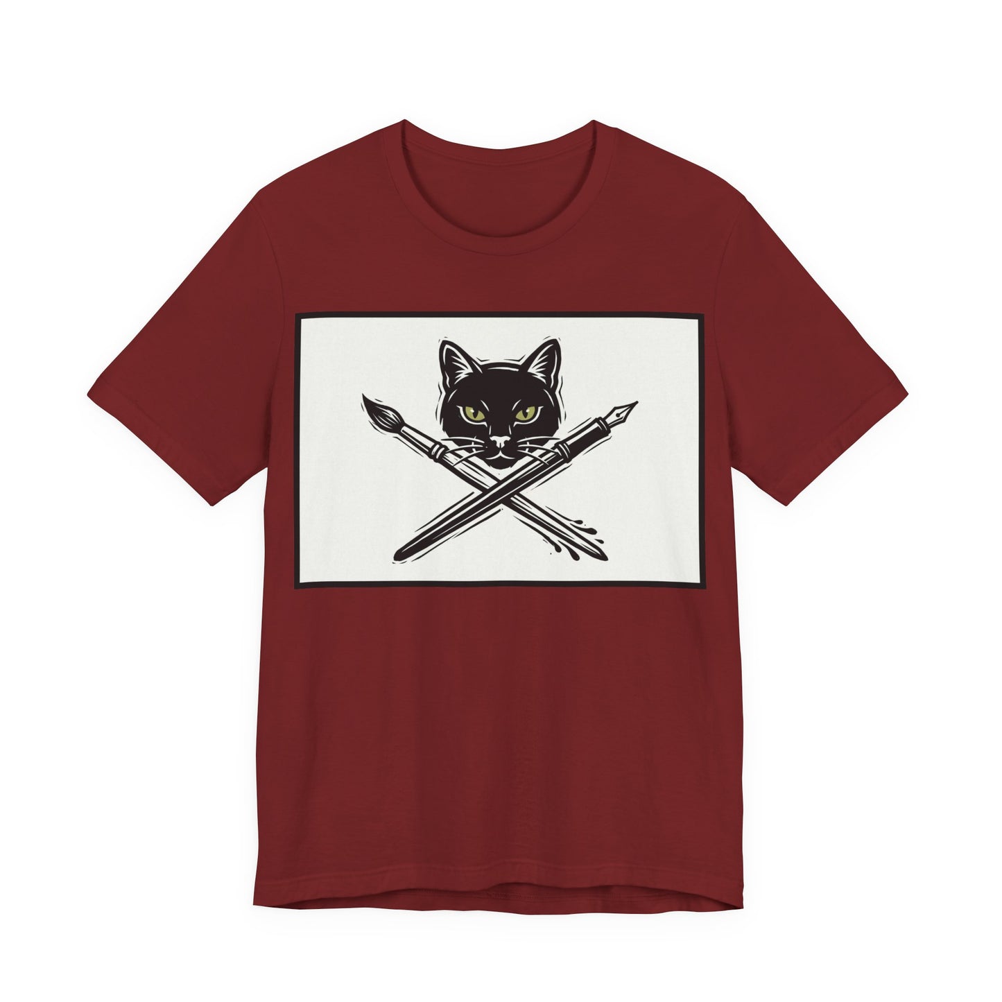 Creative Cat T‑Shirt – Black Cat with Crossed Paintbrush & Pen Graphic