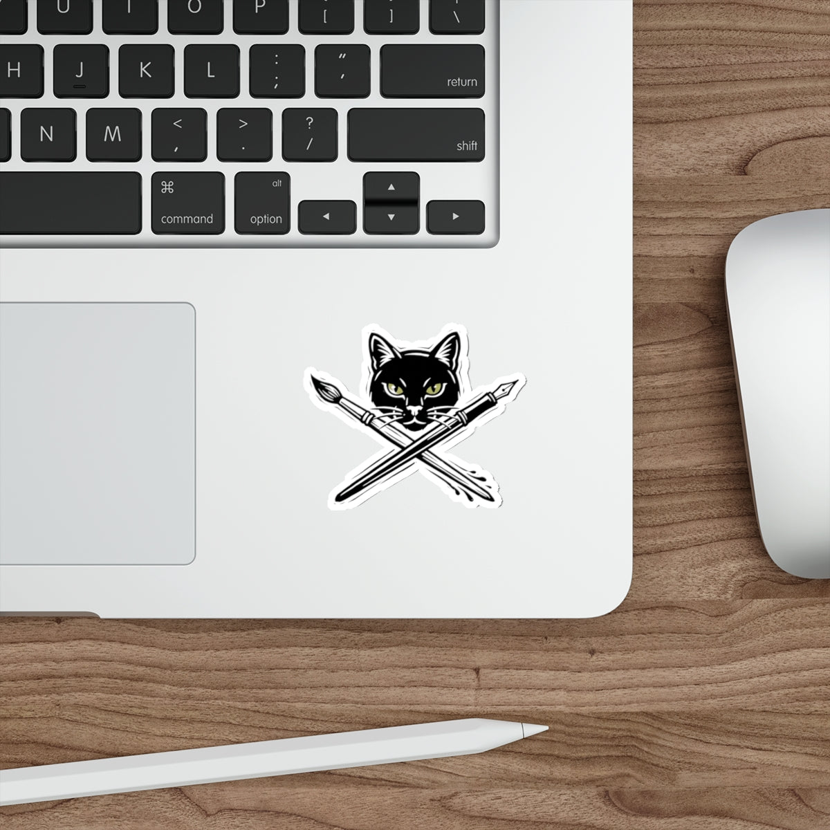 CreativeCat - Black Cat & Art Tools Die-Cut Sticker — Artistic Cat Head with Crossed Paintbrush & Pen