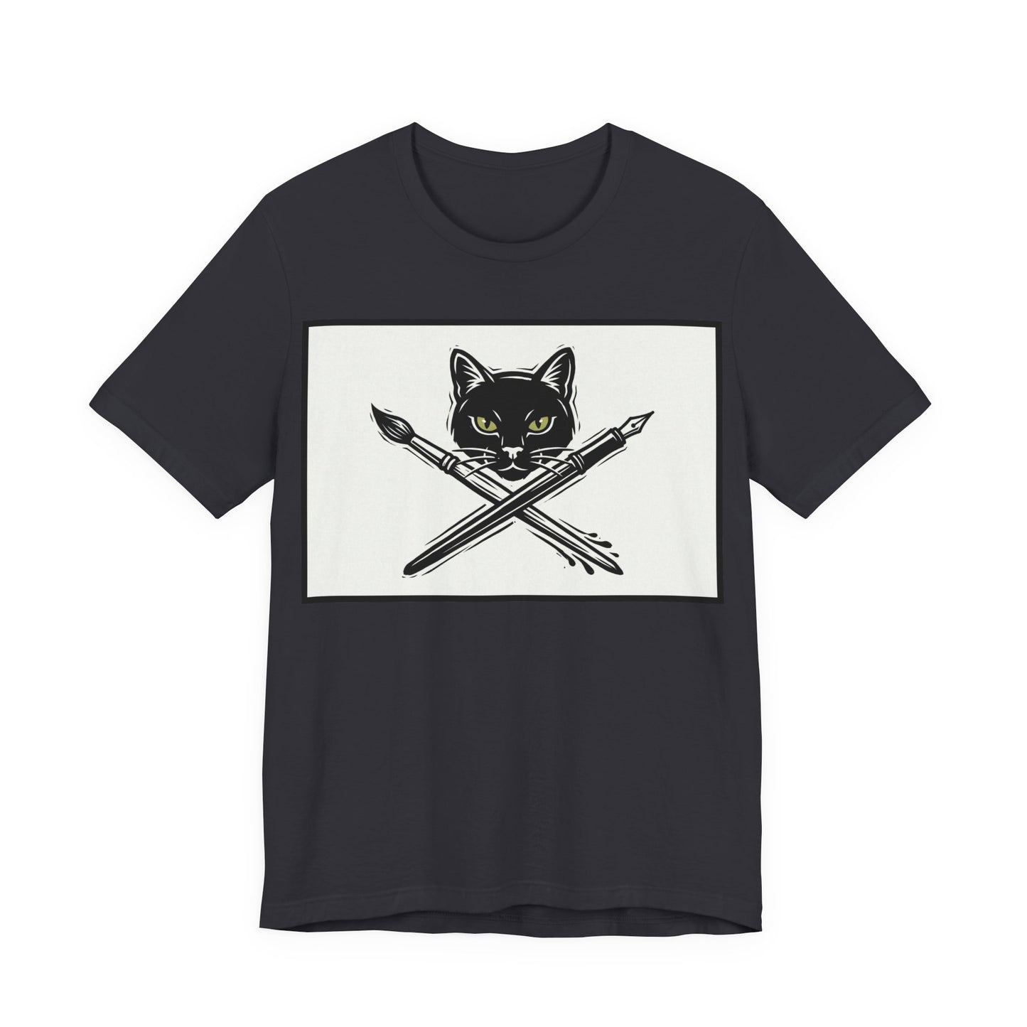 Creative Cat T‑Shirt – Black Cat with Crossed Paintbrush & Pen Graphic