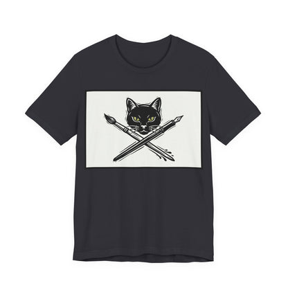 Creative Cat T‑Shirt – Black Cat with Crossed Paintbrush & Pen Graphic