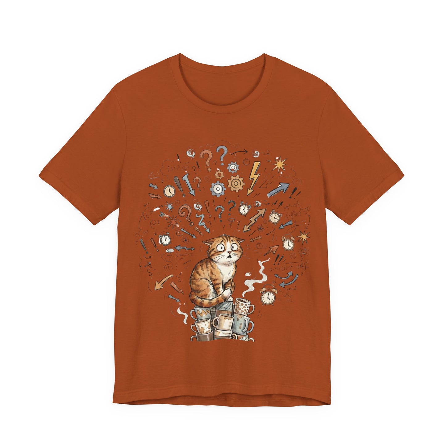 VOID - Overwhelmed! Coffee Cat Tee — Cute Cat with Question Marks Graphic T-Shirt