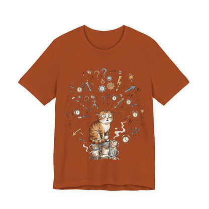 VOID - Overwhelmed! Coffee Cat Tee — Cute Cat with Question Marks Graphic T-Shirt