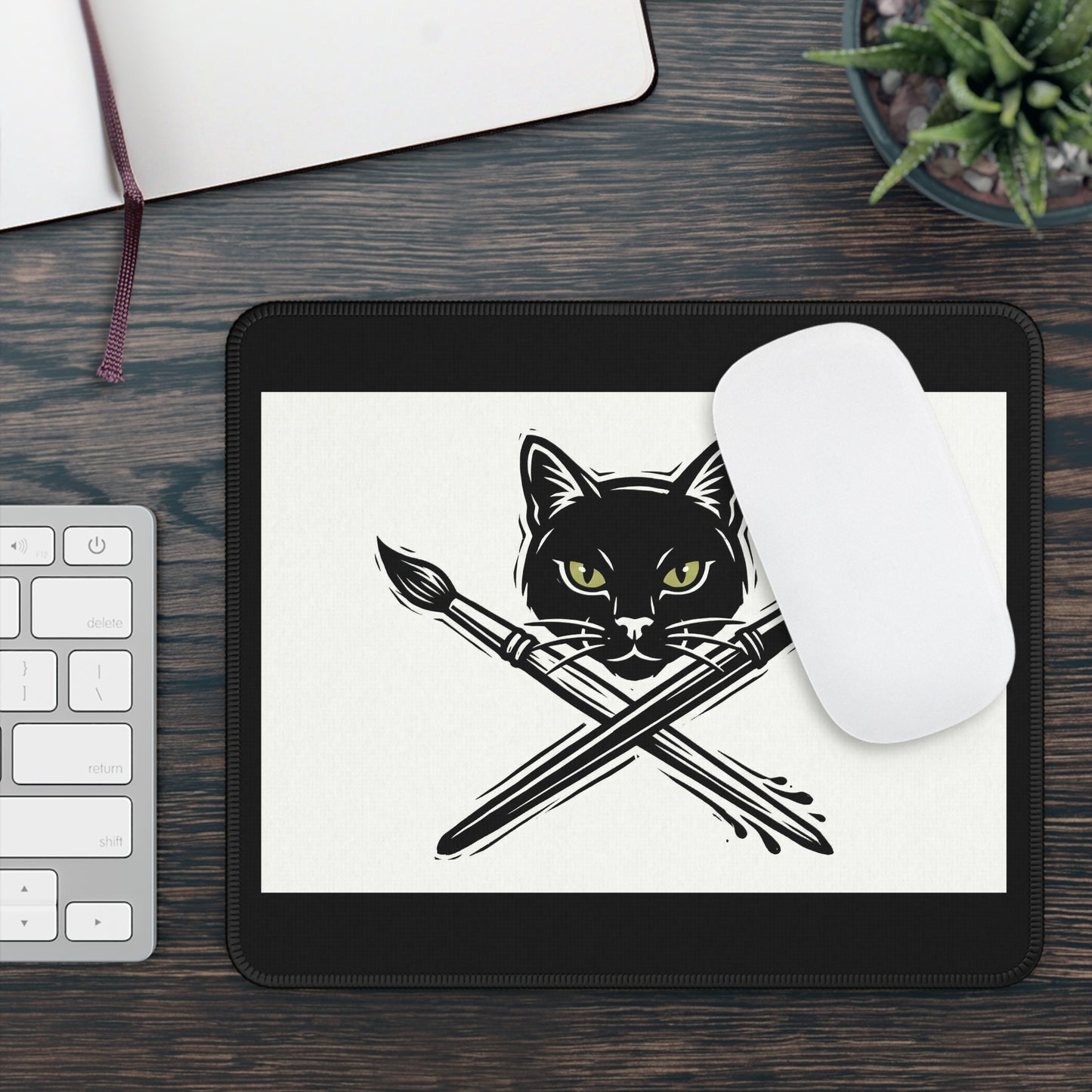 CreativeCat - Black Cat & Crossed Pen + Brush Mouse Pad — Artist Gamer Desk Mat