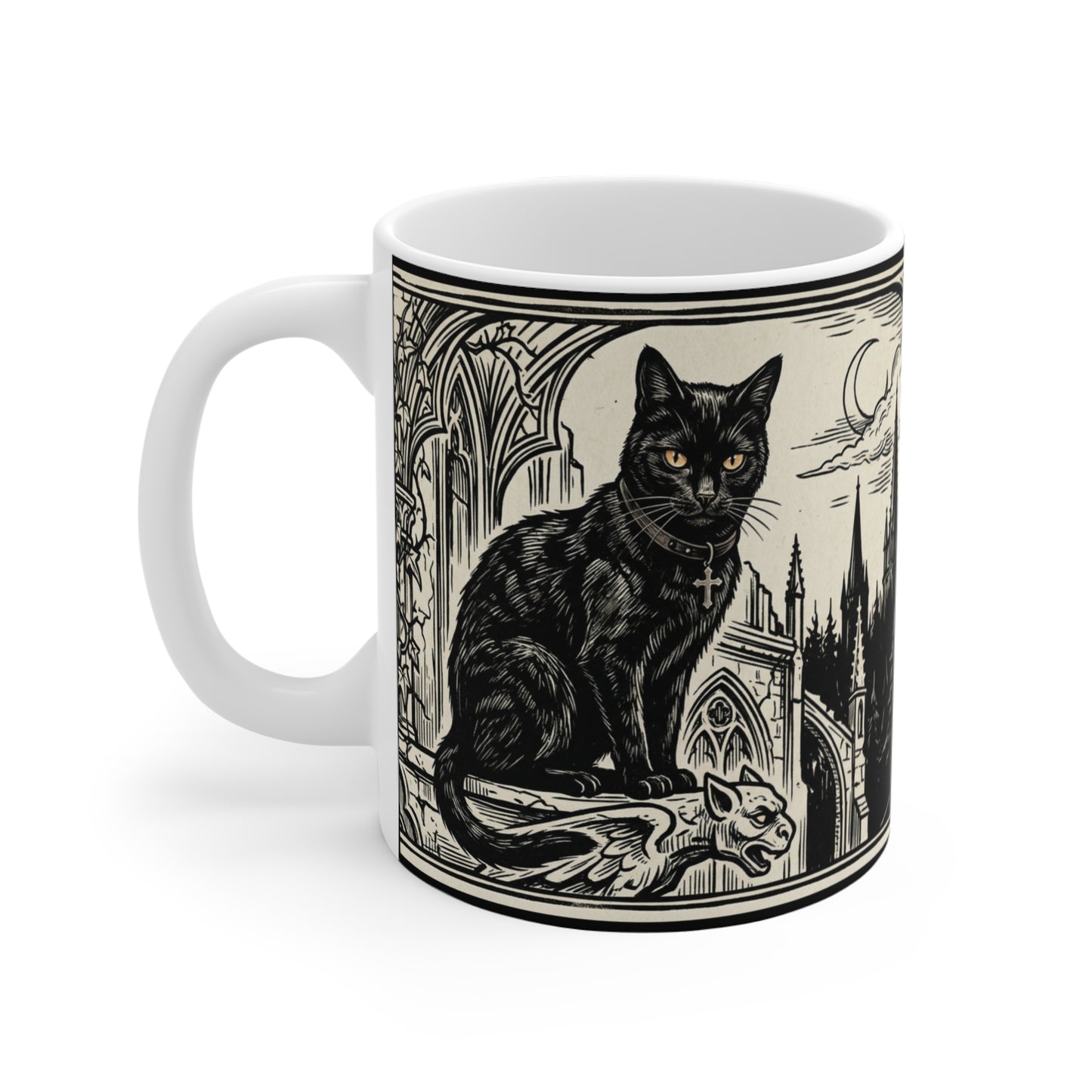 DarkArts - Cat - 11oz Mug Ambi Handle - Black Cat Cathedral Mug — Gothic 11oz Coffee Cup with Moonlit Spires