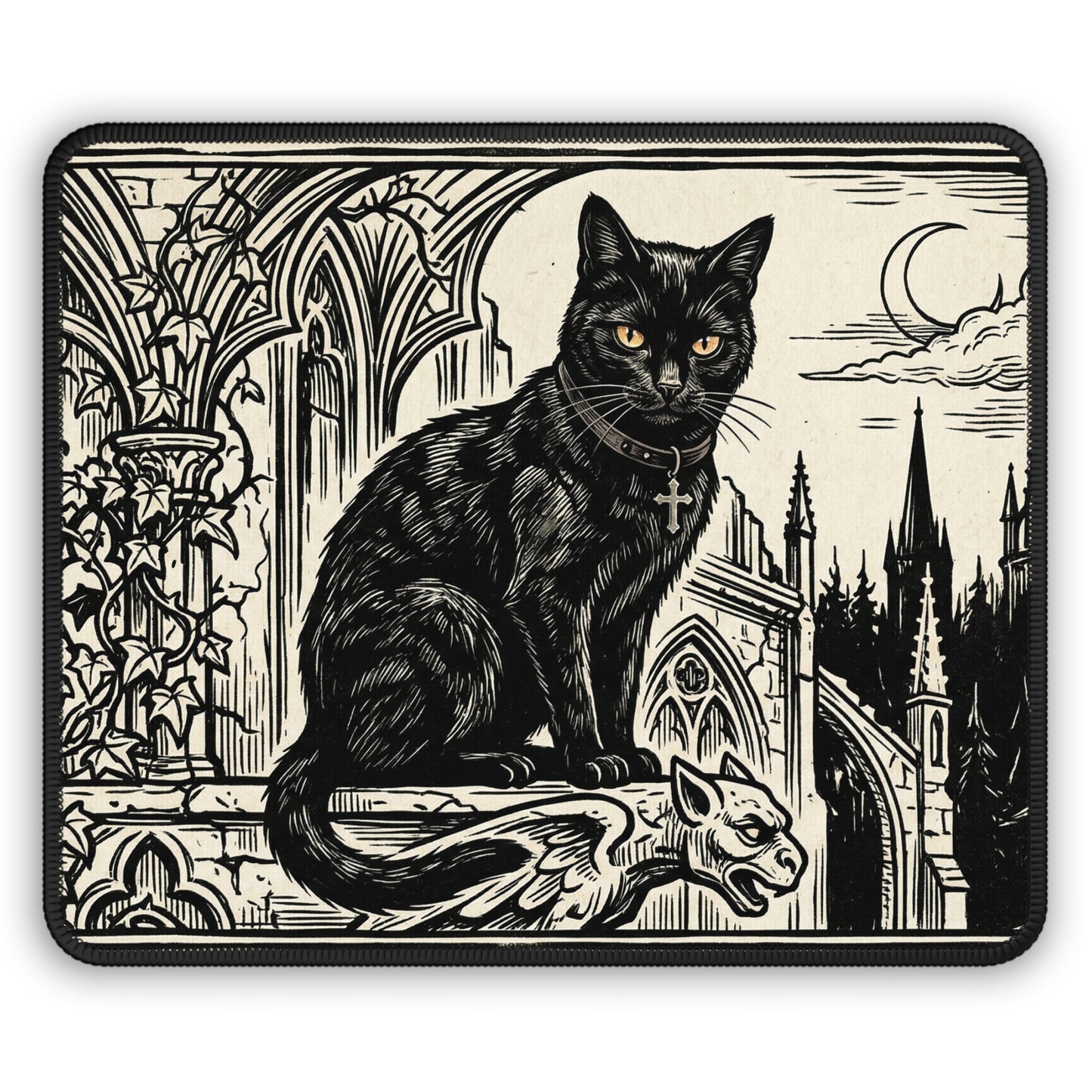 DarkArts - Cat 1 - Black Gothic Cat Gaming Mouse Pad — Vintage Cathedral Horror Desk Mat