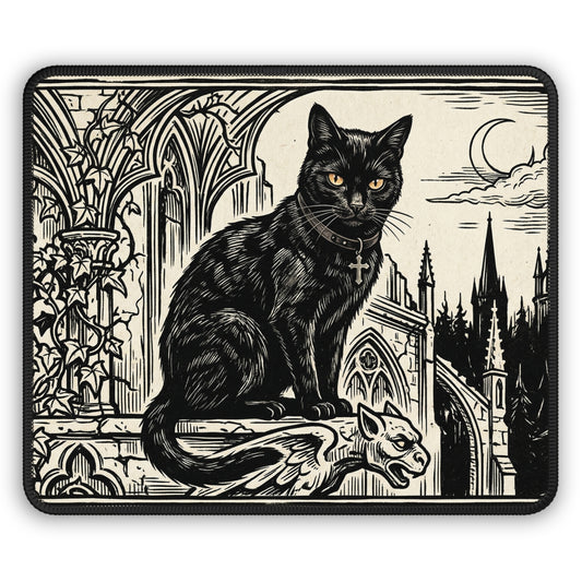 DarkArts - Cat 1 - Black Gothic Cat Gaming Mouse Pad — Vintage Cathedral Horror Desk Mat