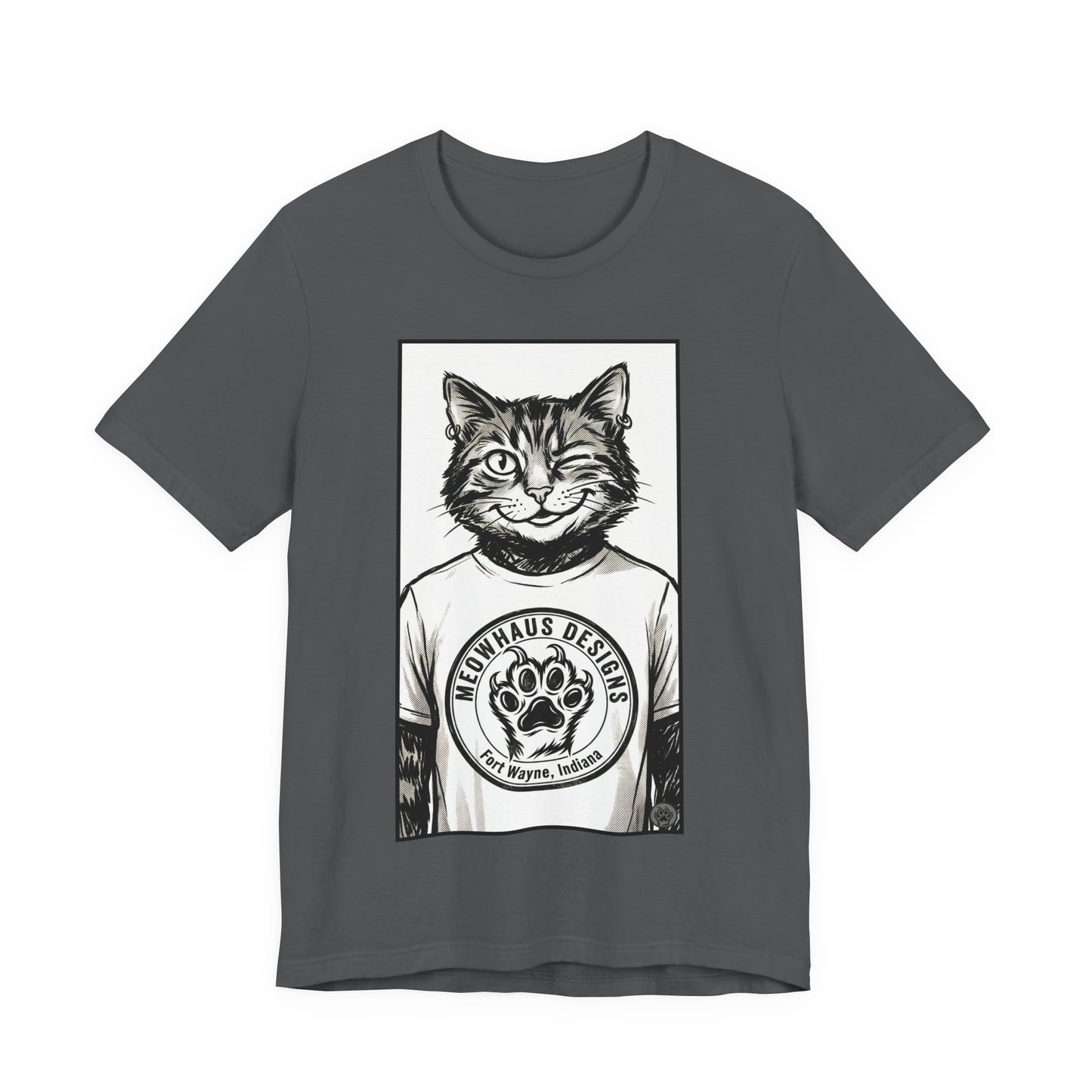 WinkyCat - Wearing the MHD Logo T-Shirt - Cat Portrait T‑Shirt — Retro Graphic Cat Wearing Logo Tee