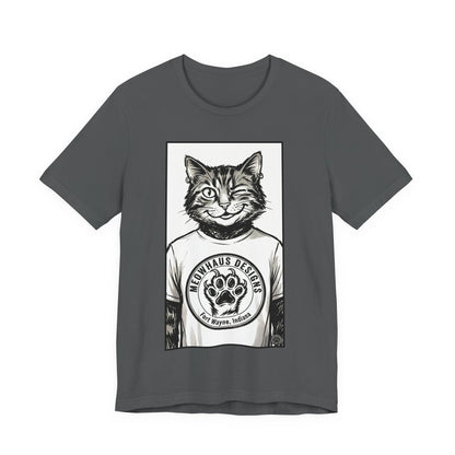 WinkyCat - Wearing the MHD Logo T-Shirt - Cat Portrait T‑Shirt — Retro Graphic Cat Wearing Logo Tee