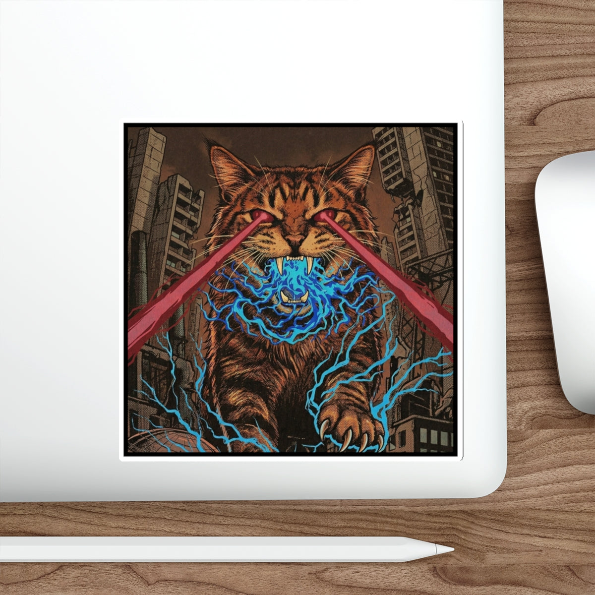 CityCat Attacks! - Dark - Red Lasers - Laser-Eyed Cat Die-Cut Sticker — Retro Kaiju City Illustration