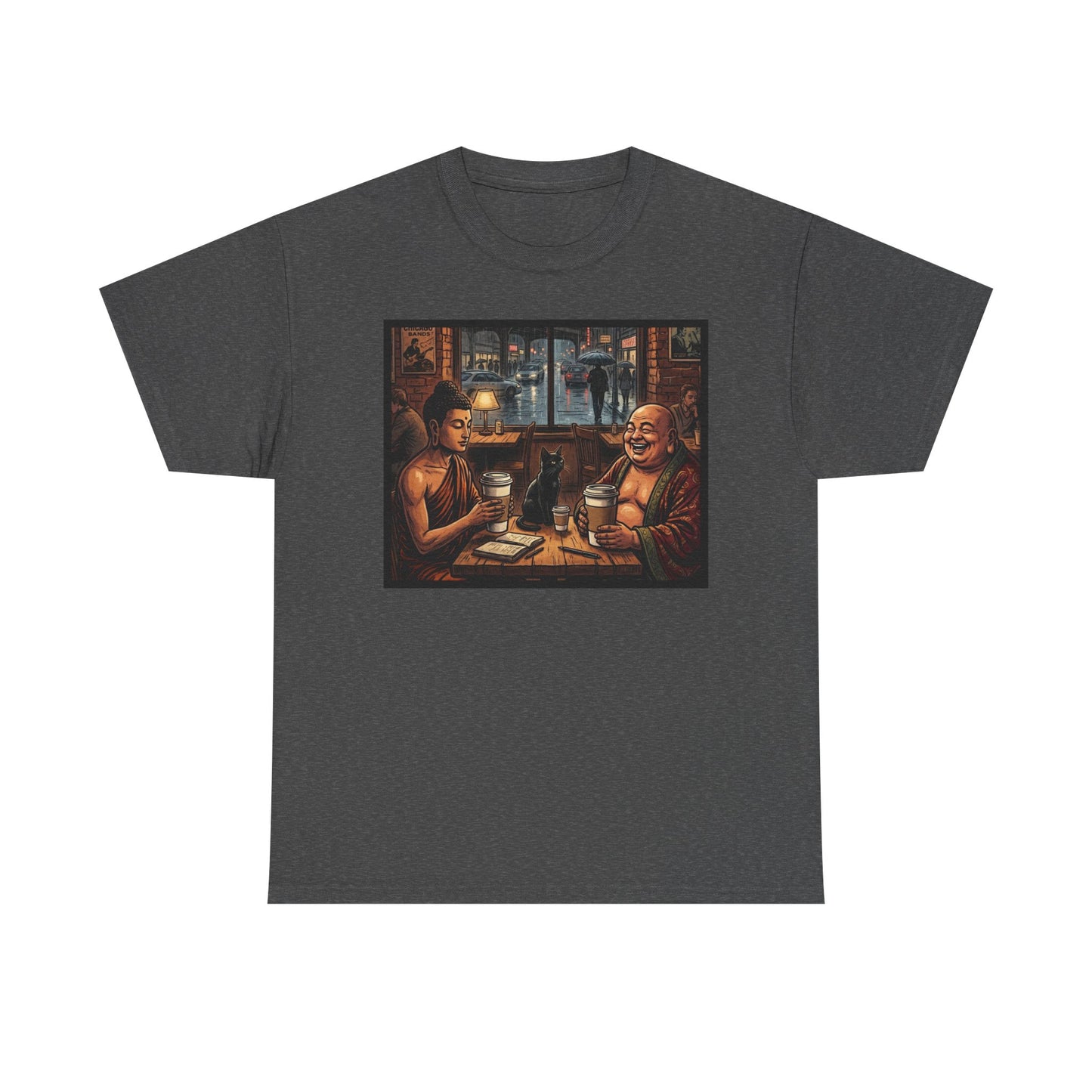 PBFMF w/BackQR - Buddha Cafe T-Shirt — Humorous Buddha Dining Scene Tee with Back QR Design