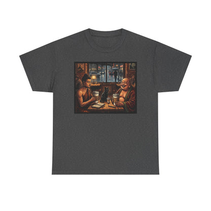 PBFMF w/BackQR - Buddha Cafe T-Shirt — Humorous Buddha Dining Scene Tee with Back QR Design