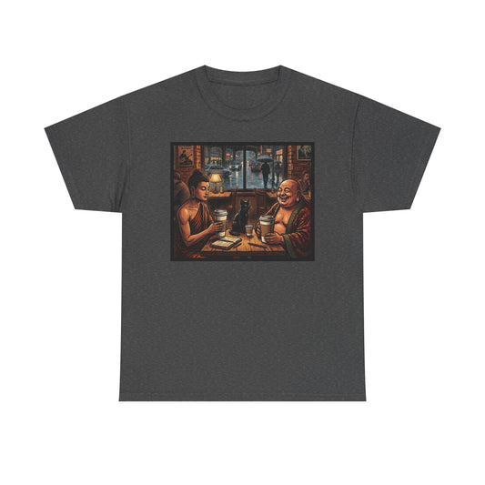 PBFMF w/BackQR - Buddha Cafe T-Shirt — Humorous Buddha Dining Scene Tee with Back QR Design