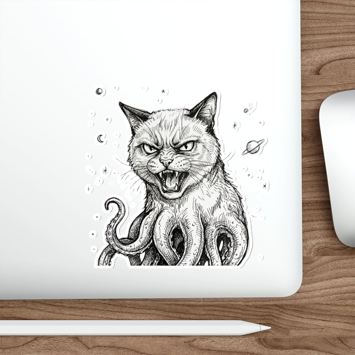 AlienCat In Space! - Mutant Creature Die-Cut Sticker — Black & White Gothic Cat with Octopus Tentacles