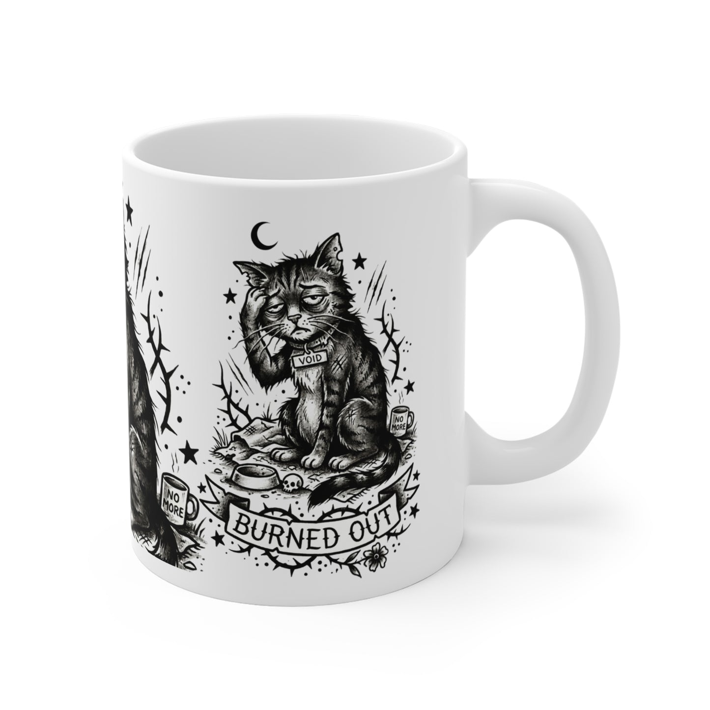 VOID - Burned Out Cat Mug — 11oz Black & White Vintage Tattoo Coffee Cup