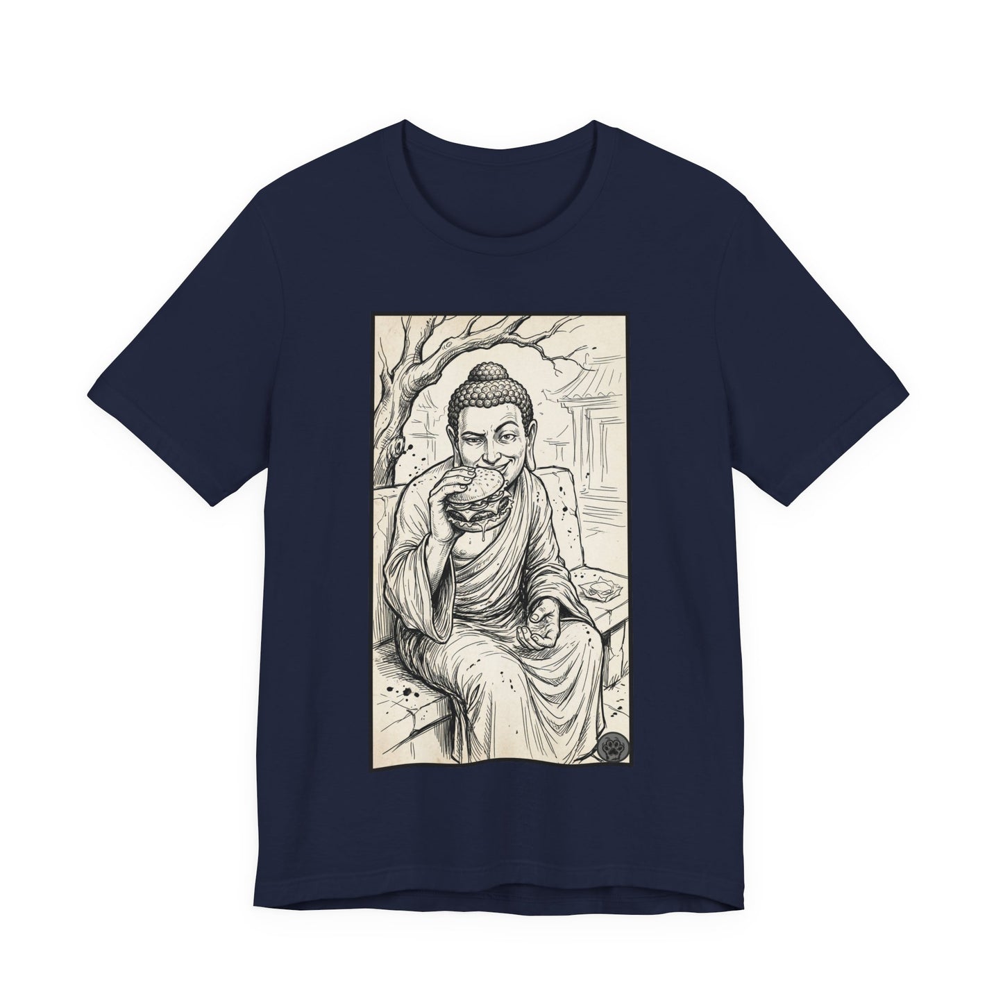 Bad Buddha Cheeseburger Sketch Tee — Humor Illustration T-Shirt