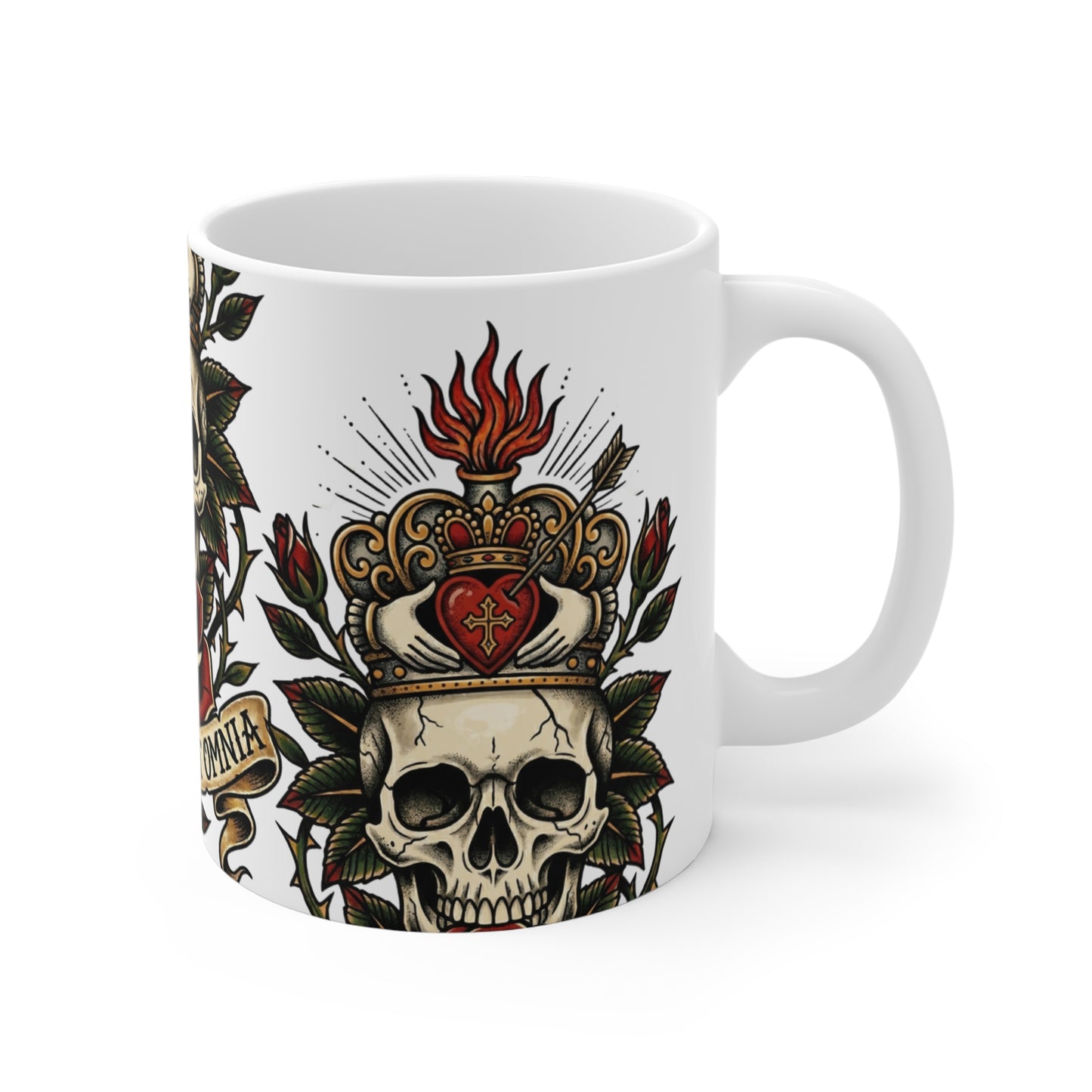 AVO - V2 #1 Claddagh Crown - 11oz Mug Ambi Handle - Skull & Rose Vintage Tattoo — "Amore Vincit Omnia" 11oz Ceramic Coffee Cup