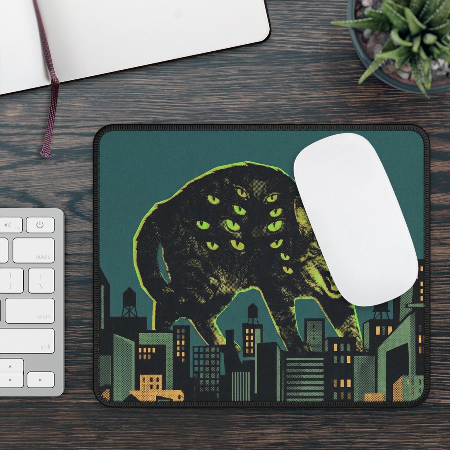 CityCat - Green Collage Poster - Retro Monster Cat Gaming Mouse Pad — Neon Multi-Eyed Cat Over Cityscape