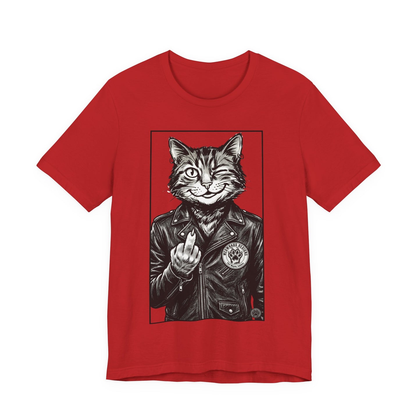 WinkyCat - Leather Jacket & Snarky Gesture - Cat Biker Tee — Grinning Cat in Leather Jacket Graphic T-Shirt