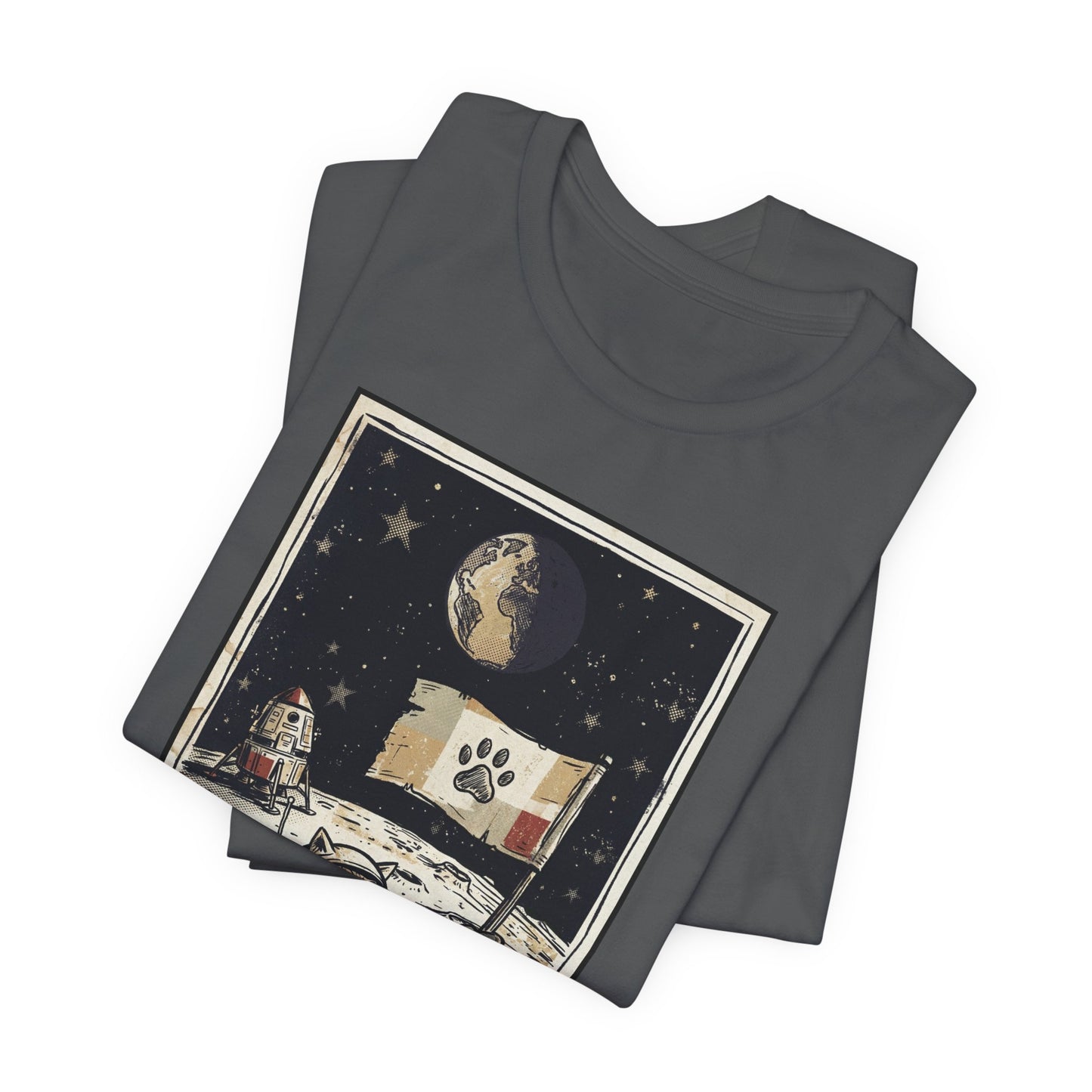 SpaceCat - Conquers The Moon! - Astronaut Cat Moon T-Shirt — Vintage Styled Space Kitty Flag Tee