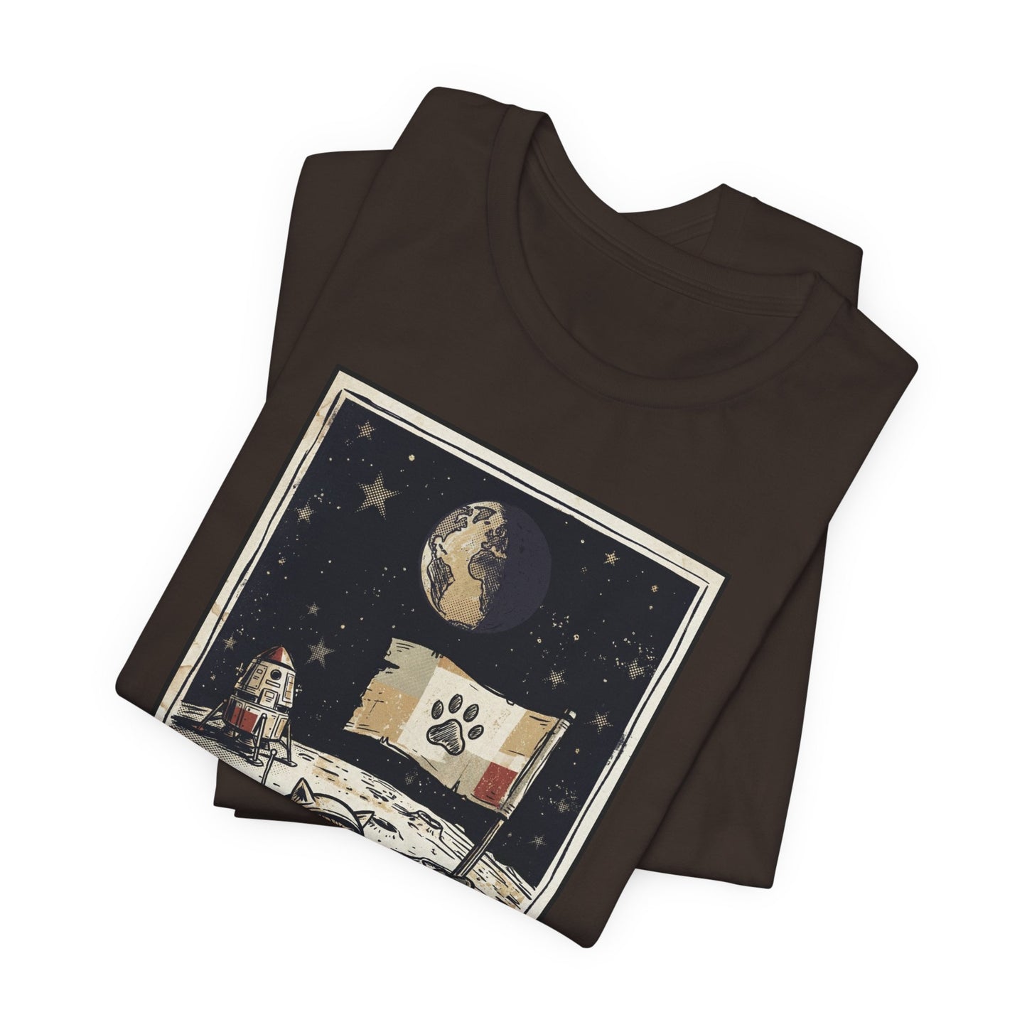 SpaceCat - Conquers The Moon! - Astronaut Cat Moon T-Shirt — Vintage Styled Space Kitty Flag Tee
