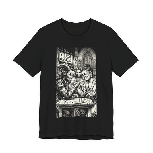 Crossroads T-Shirt — Religious Humor Satirical Arm Wrestling Graphic Tee