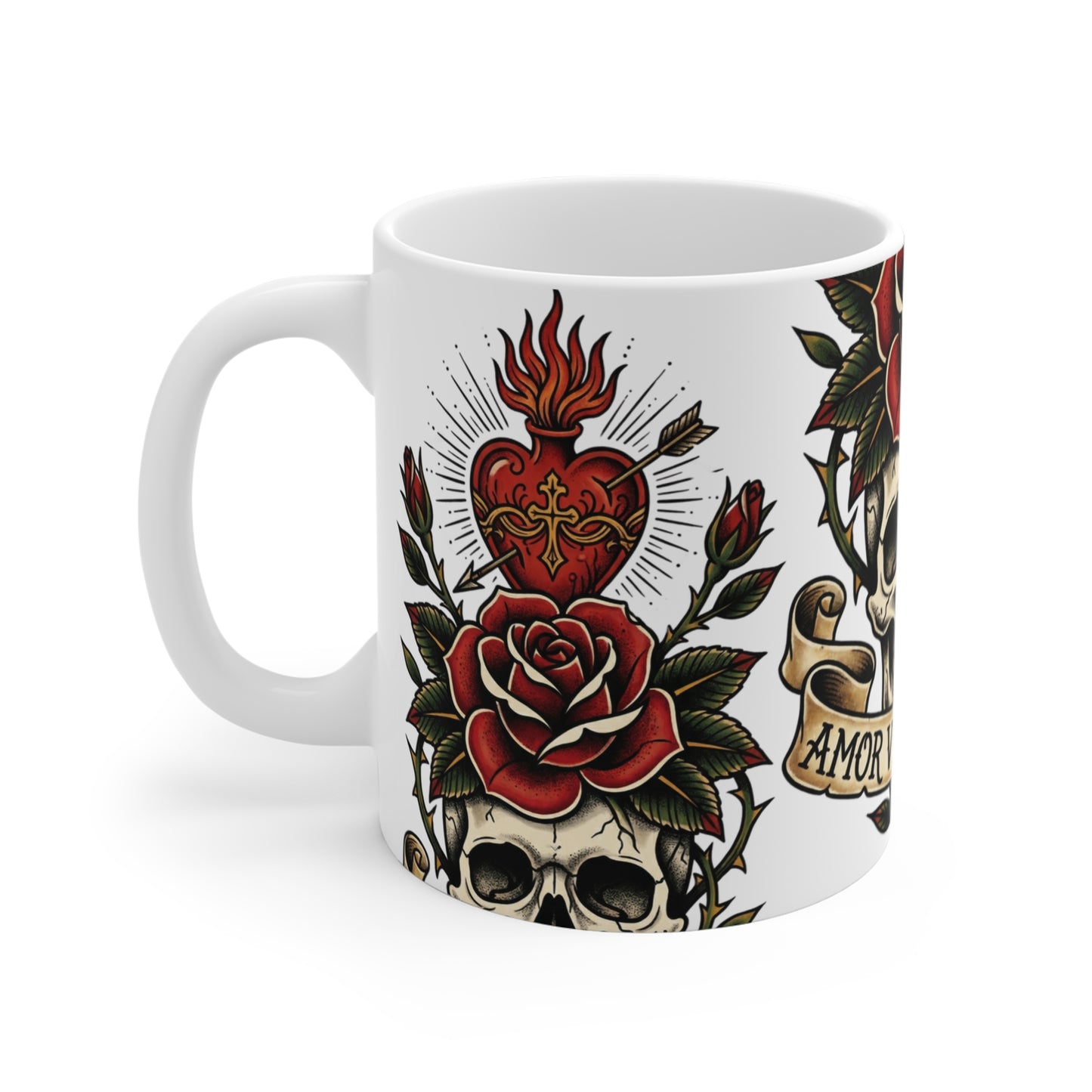 AVO - V1 #2 - 11oz Mug Ambi Handle — Skull & Rose 'Amor Vincit Omnia' Tattoo-Style Coffee Cup