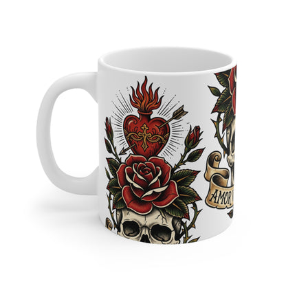 AVO - V1 #2 - 11oz Mug Ambi Handle — Skull & Rose 'Amor Vincit Omnia' Tattoo-Style Coffee Cup