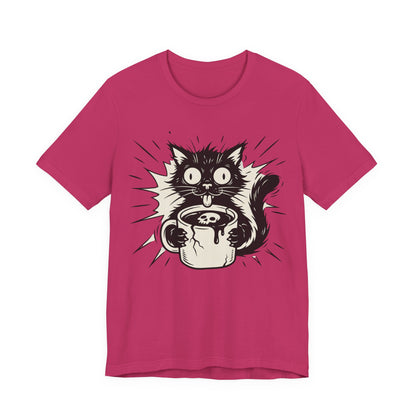 VOID - Cat & Coffee Tee — Cute Crazy Cat Holding Mug Graphic T-Shirt