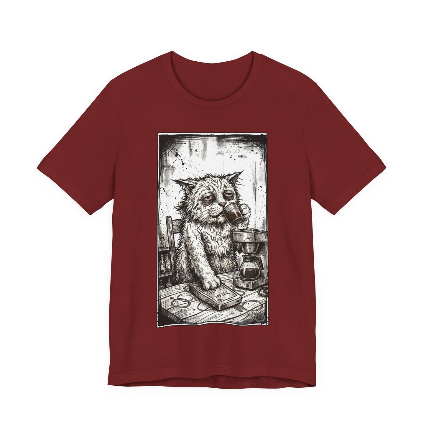 Scraps "GFM" - Cat Drinking Coffee T-Shirt — Tired Depressed Cat Graphic Tee